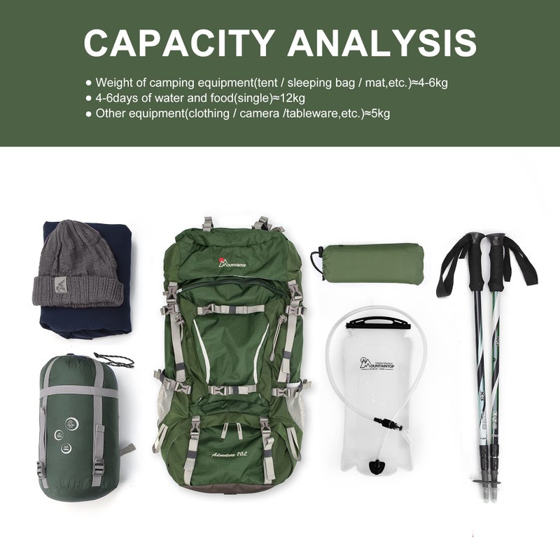 MOUNTAINTOP 70L Internal Frame Backpack Camping Backpacking Hiking Backpack for Men Women with Rain Cover,Dark Green - Image 4